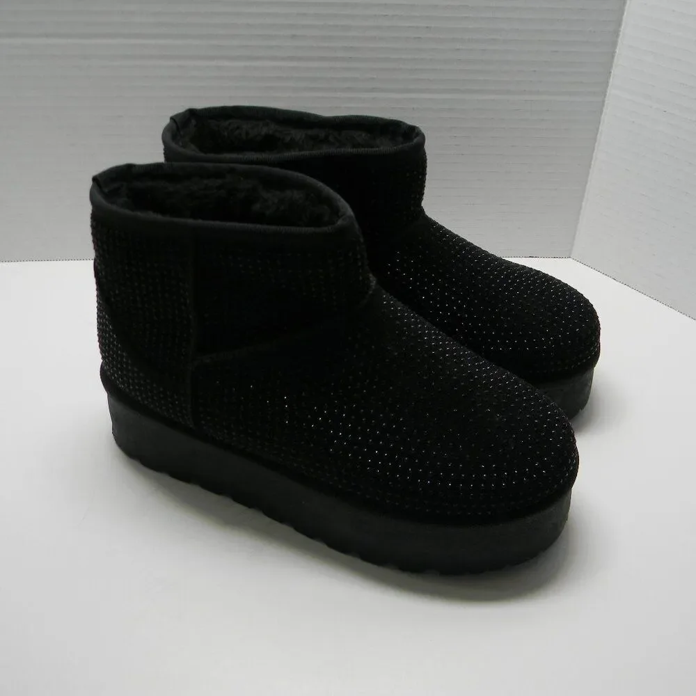 Unbranded Black Faux Fur Lined Ankle Boots with Rhinestones Sz 6.5 NWOT